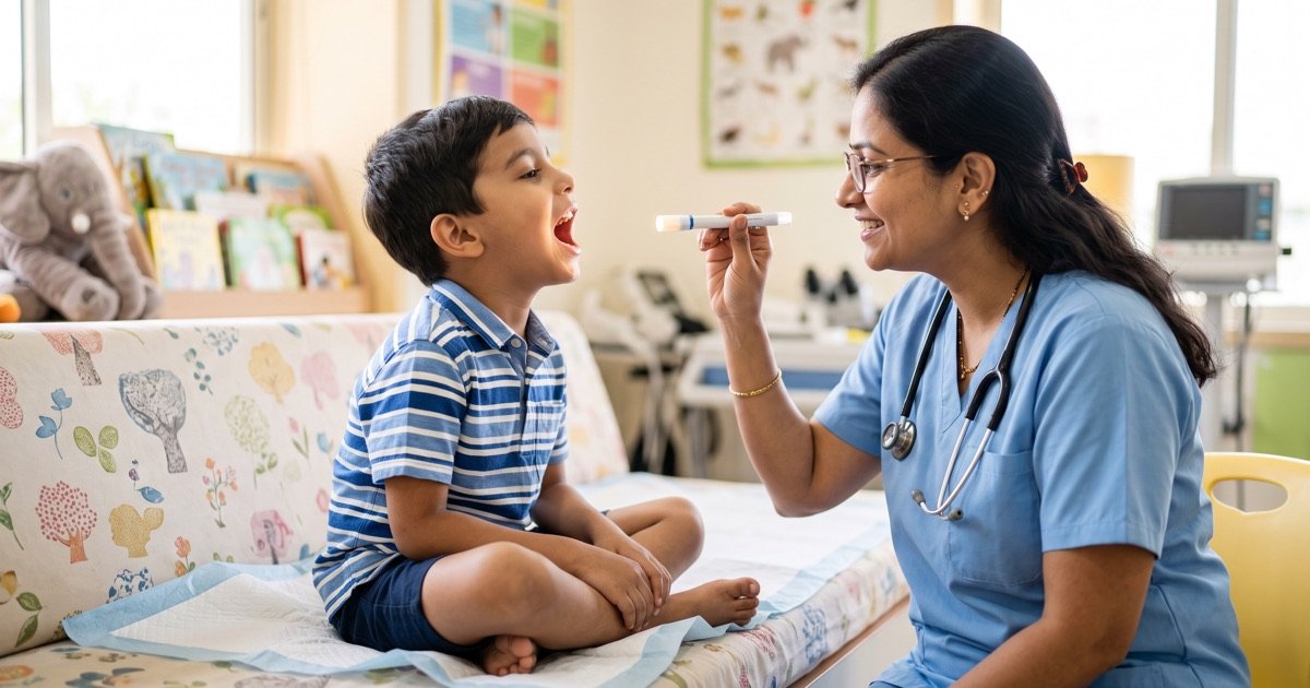 Doctor examining a young child's nose and throat with a small light