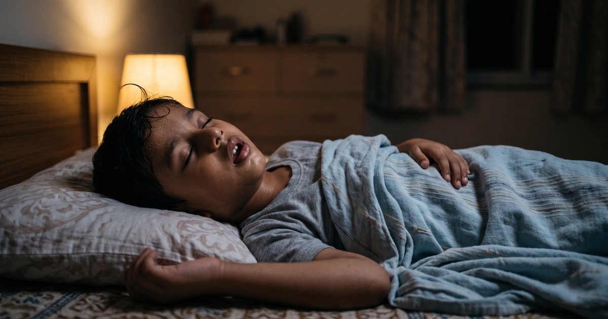Young child sleeping on his back with mouth open, a sign of adenoid trouble