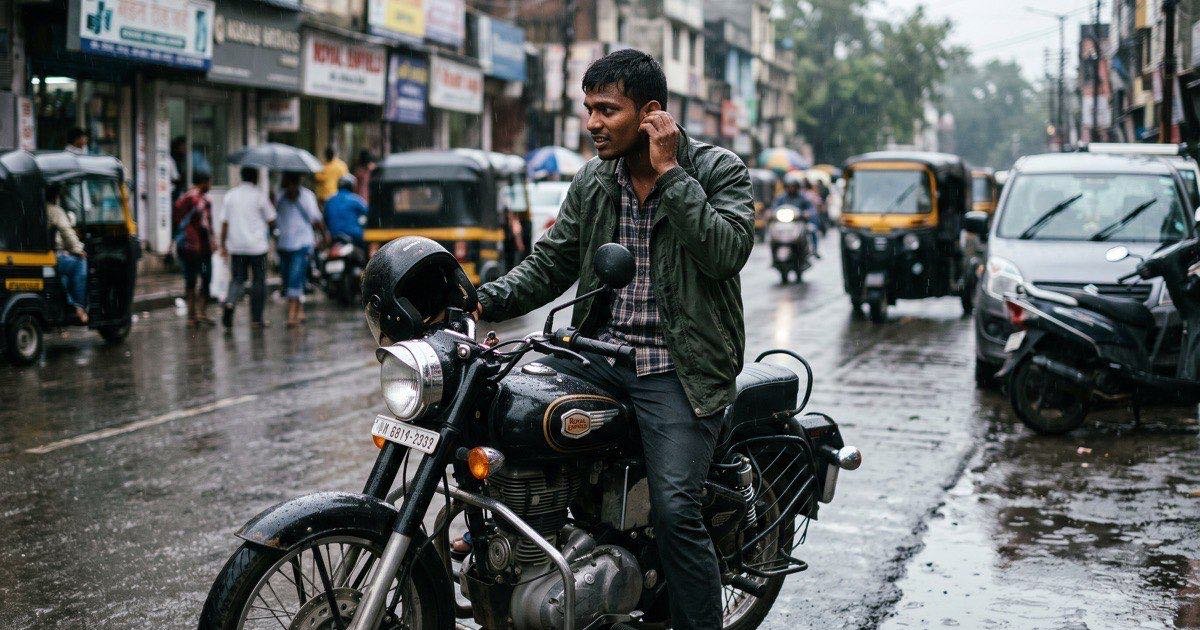 Motorcycle rider on a wet street touching his itchy ear after removing his helmet