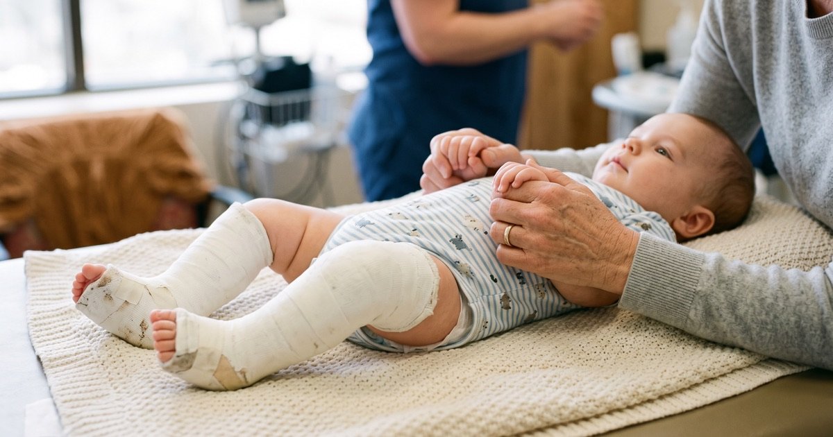 Infant's legs in white Ponseti plaster casts while a parent holds his hands