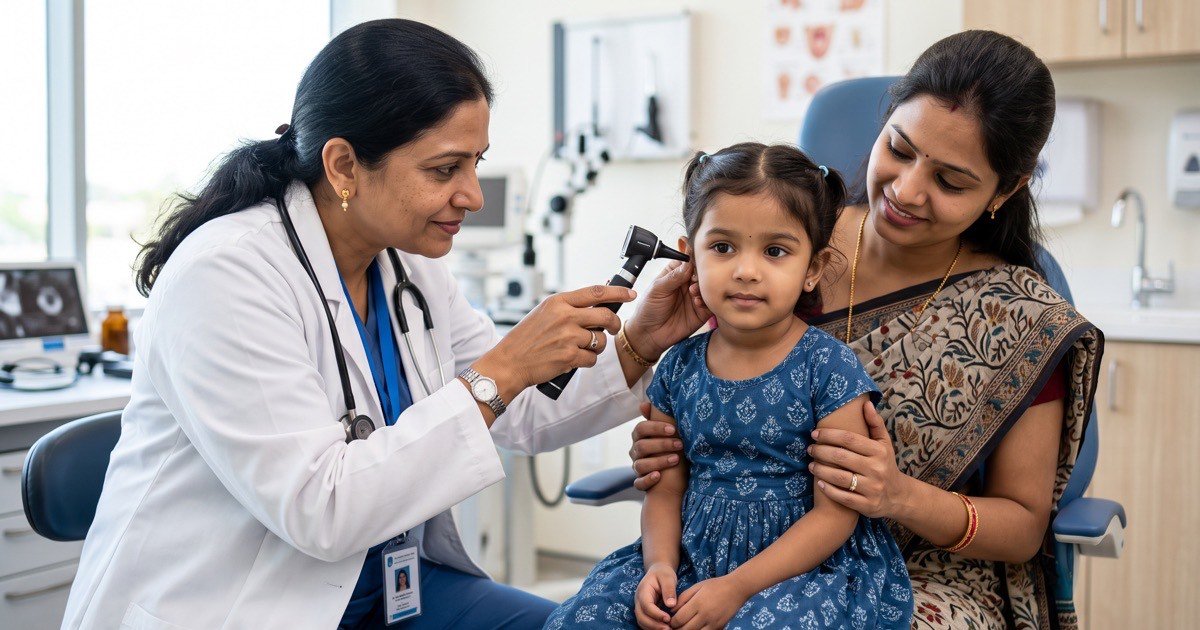 ENT doctor examining a young child's ear with an otoscope while the mother holds him