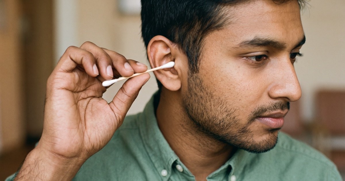 Close-up of a man holding a cotton bud dangerously close to his ear canal