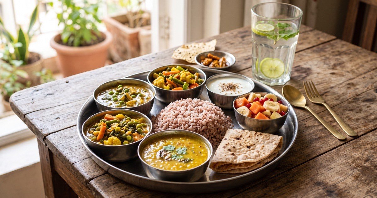 Healthy Indian vegetarian thali with dal, vegetables, curd and fruit