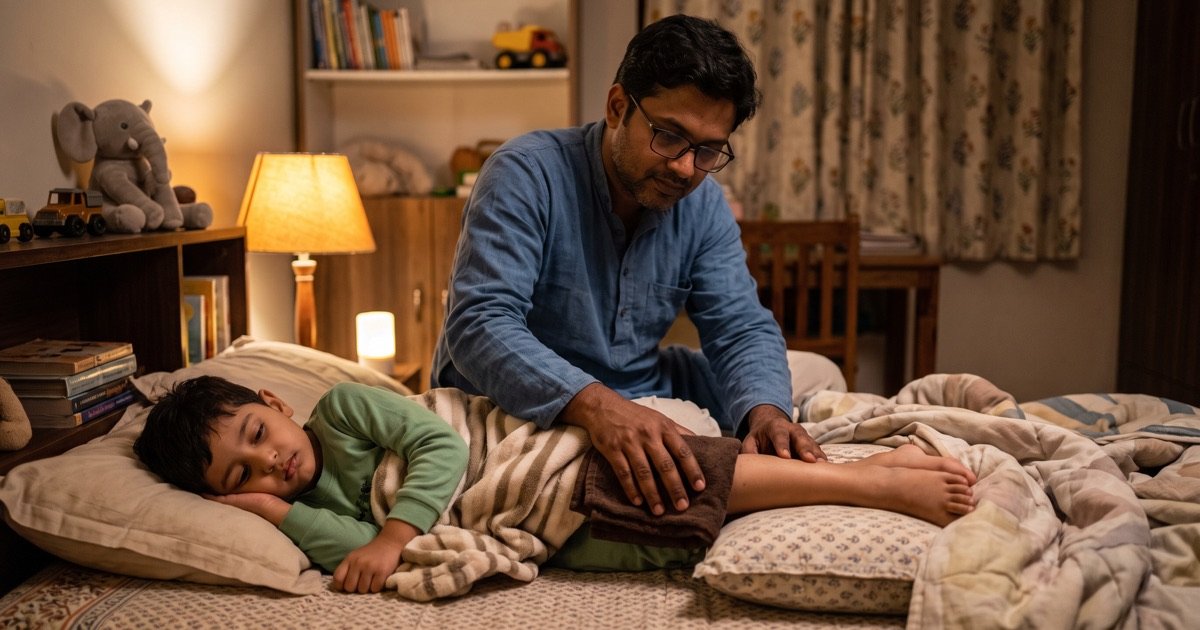 Father placing a warm compress on his son's lower legs at bedtime