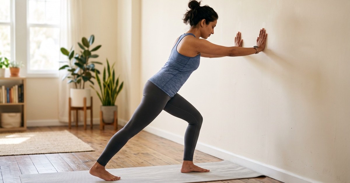 Woman doing a calf stretch against a wall at home