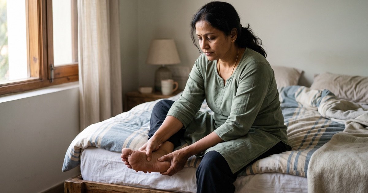 Woman massaging her painful heel on the edge of the bed in the morning