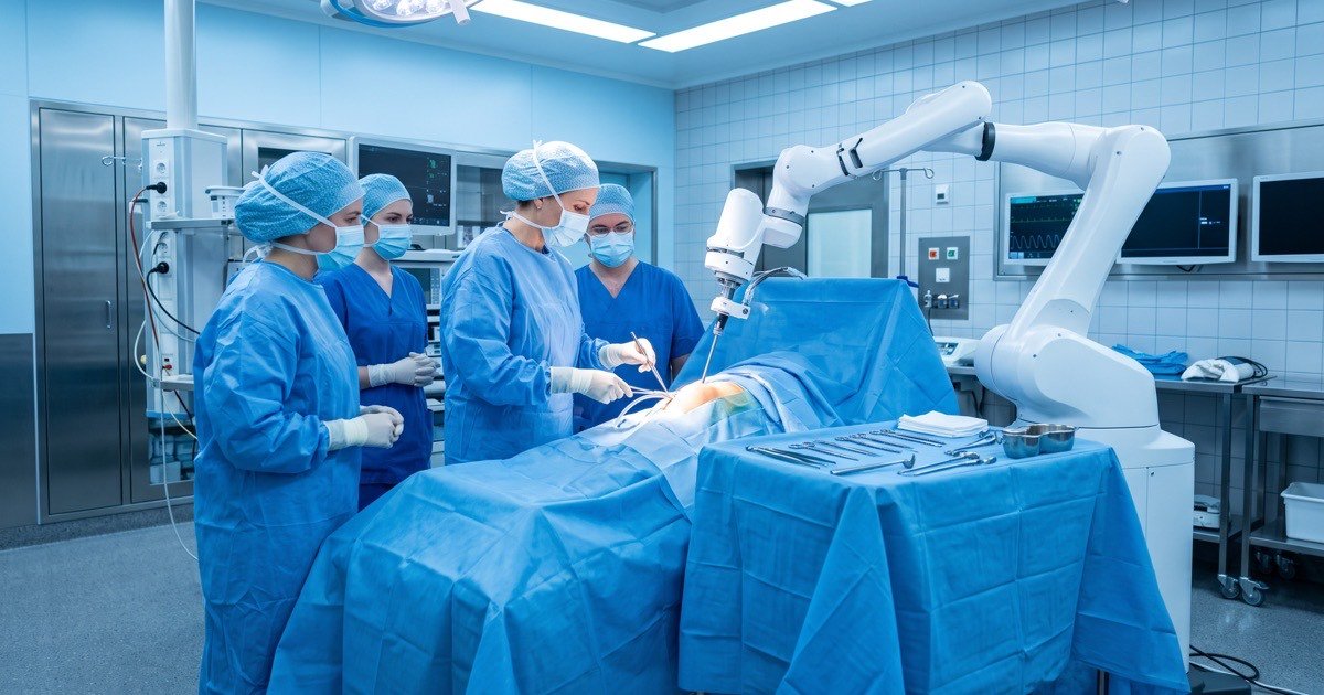 Orthopedic surgical team in a modern operating theatre with a robotic surgical arm