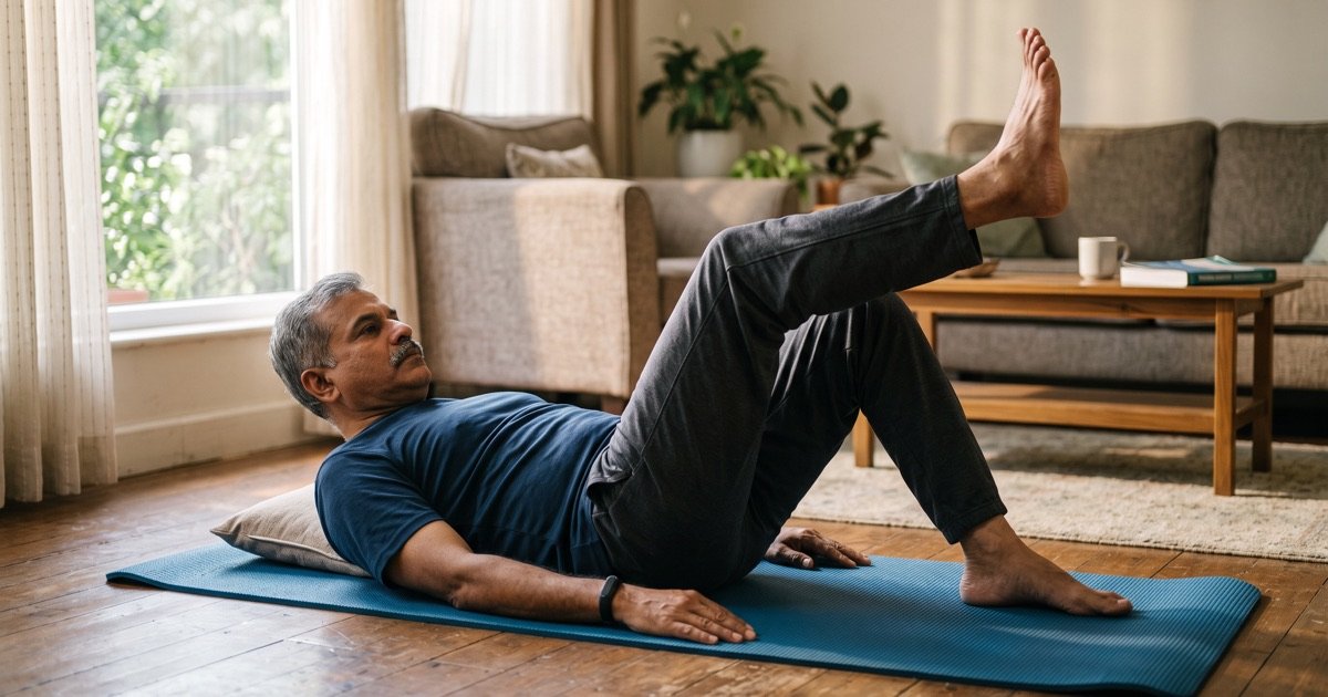 Man doing a straight-leg-raise knee strengthening exercise on a mat at home
