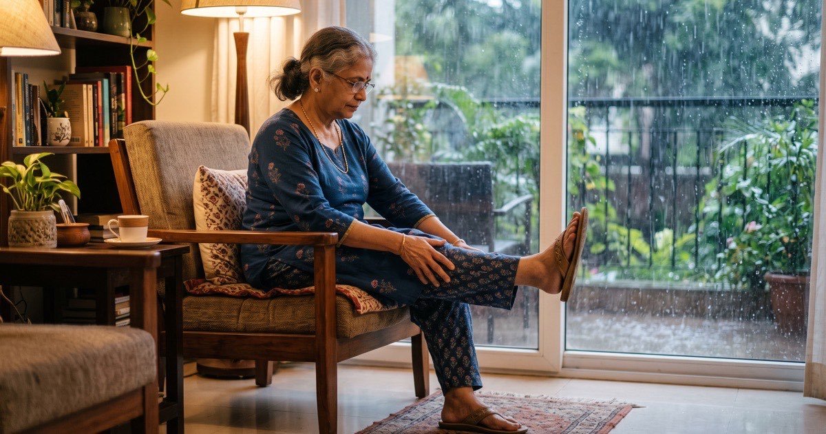 Elderly woman doing gentle seated knee stretches indoors while rain falls outside