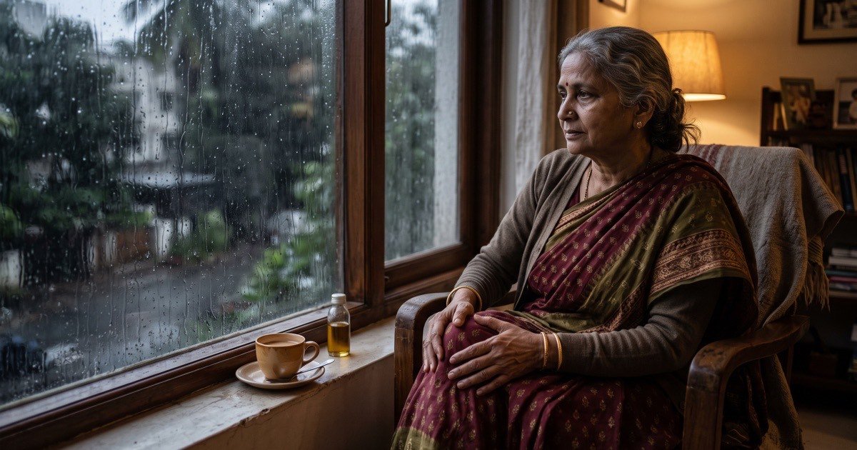 Elderly woman rubbing her aching knee beside a rain-streaked window with a cup of chai