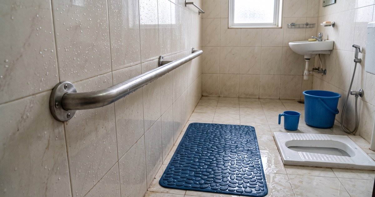 Steel grab bar and anti-slip mat installed in a bathroom