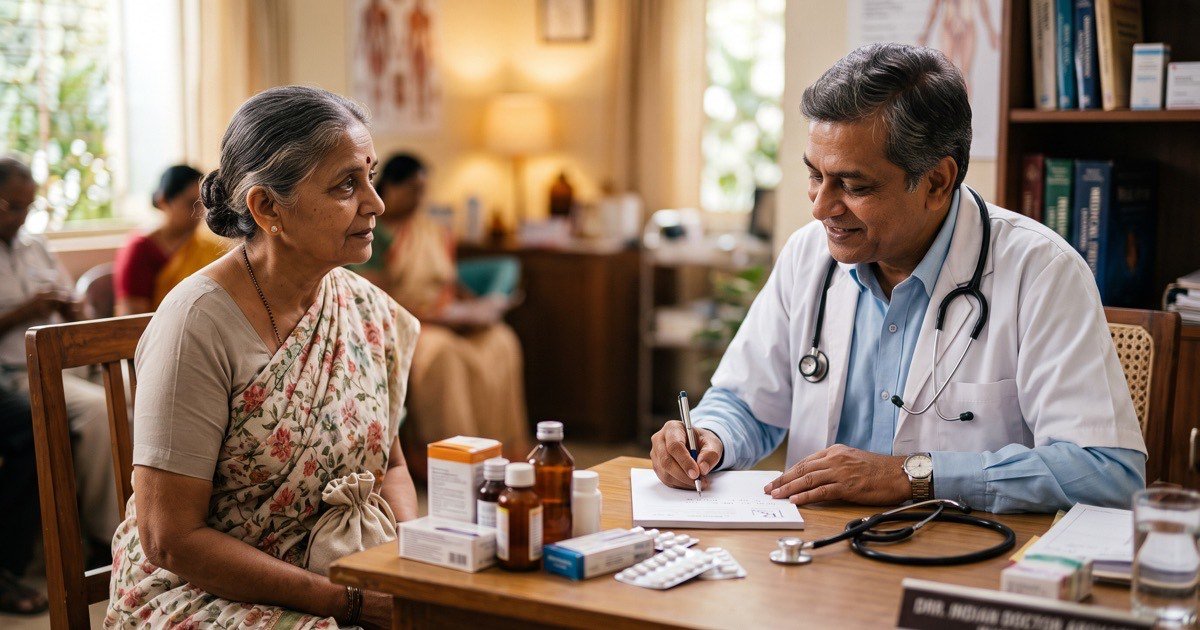 Patient consulting a doctor who is writing a prescription at the clinic desk