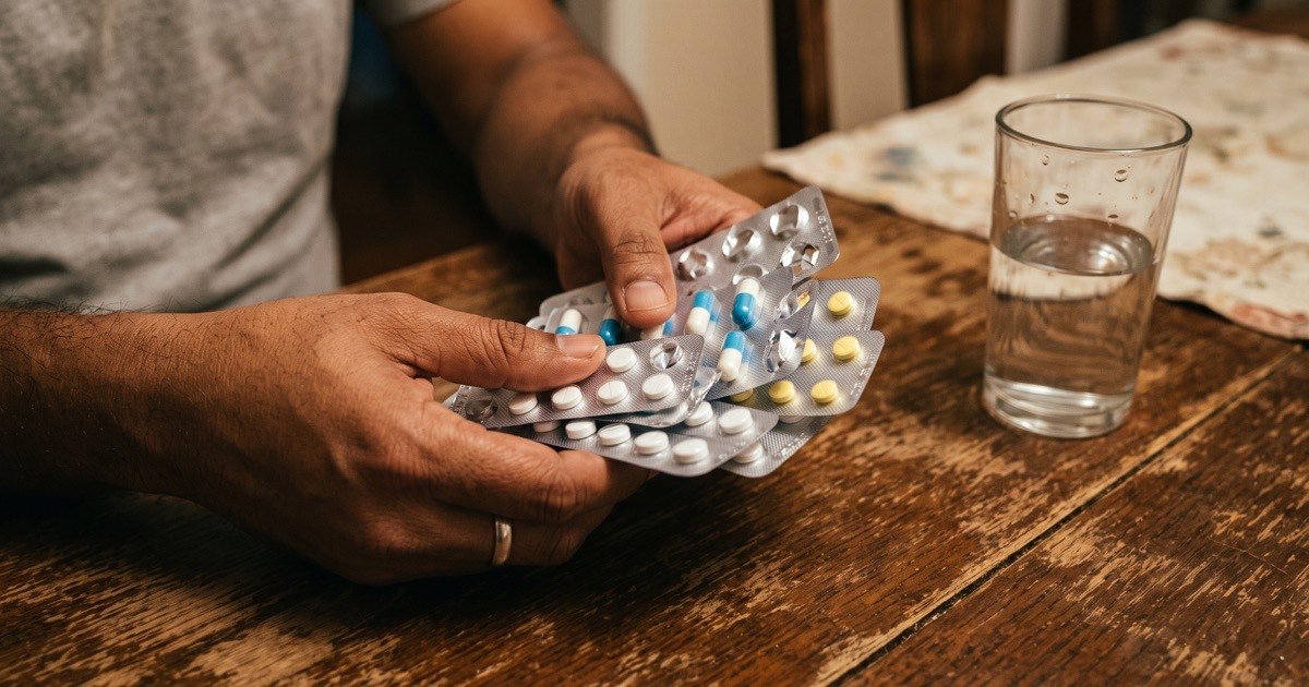 Hands holding several loose medicine strips over a table, a self-medication habit