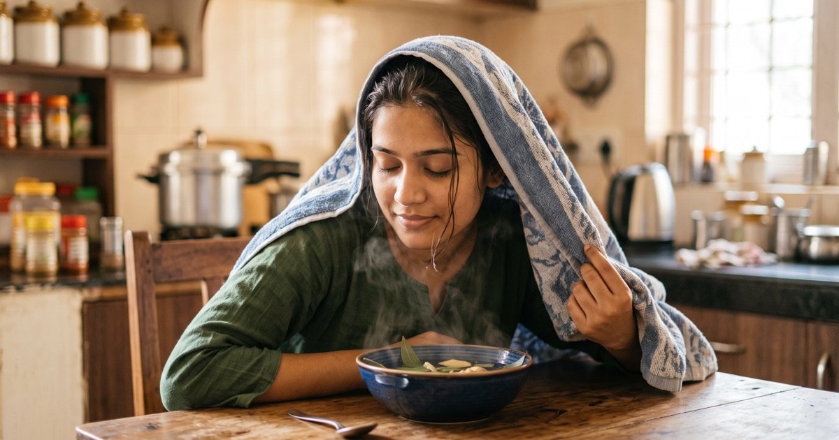 Woman taking steam inhalation with a towel over her head at home