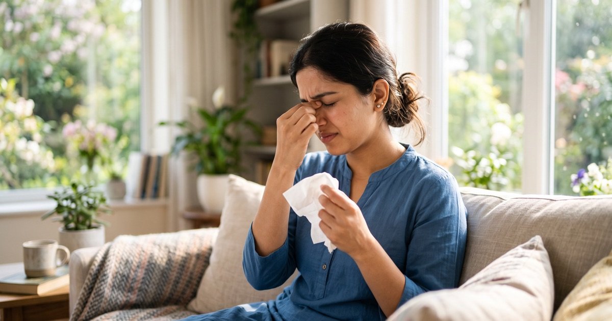 Young woman pressing the bridge of her nose from sinus pressure, tissue in hand