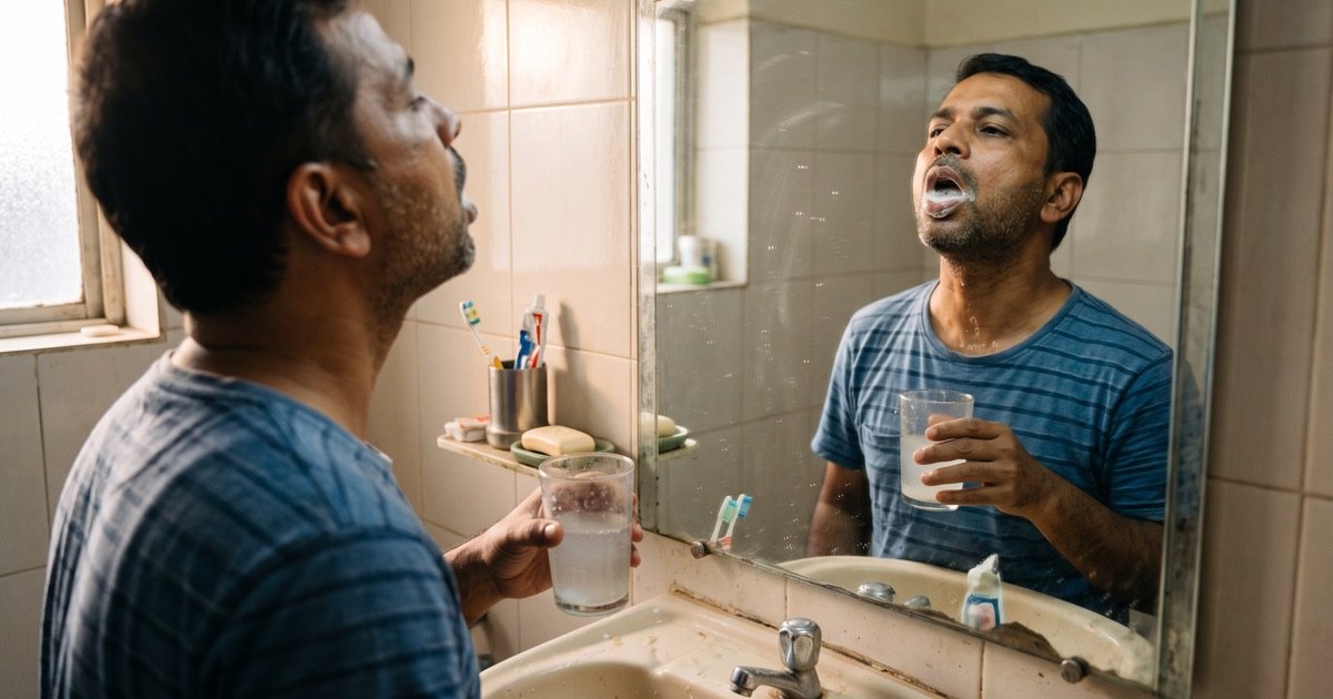 Man gargling with warm salt water in front of his bathroom mirror