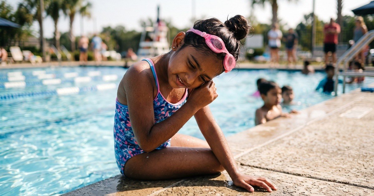 Child at a swimming pool tilting her head to shake water out of her ear