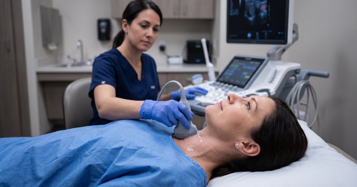 Ultrasound probe placed on a patient's neck during a thyroid scan