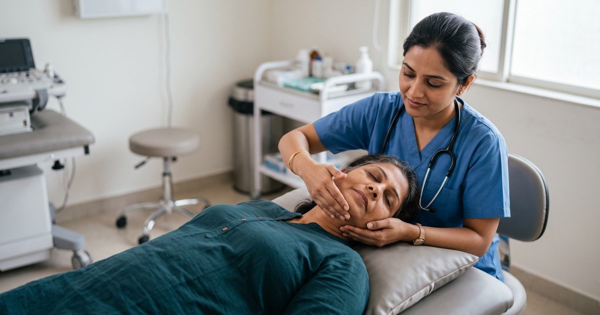 Doctor guiding a patient through a head-positioning vertigo repositioning manoeuvre
