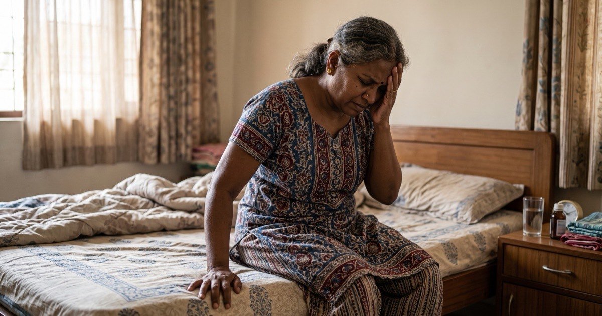 Middle-aged woman sitting on her bed holding her head during a vertigo spell
