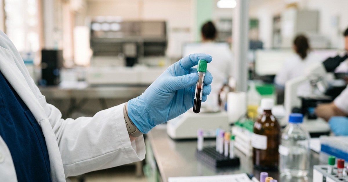 Gloved hand holding a small blood sample tube in a laboratory