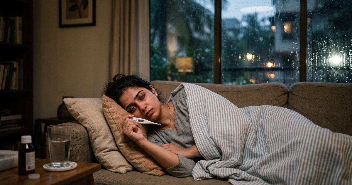 Woman resting on a sofa with fever holding a digital thermometer during monsoon