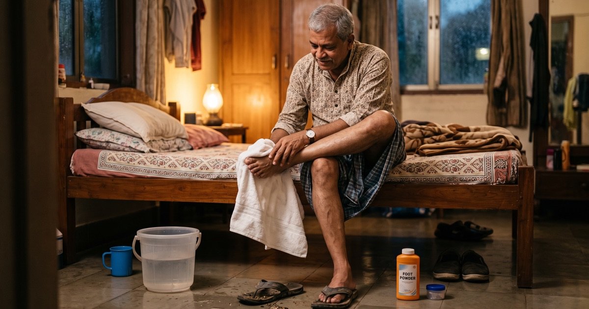Man washing and drying his feet with a clean towel, foot powder kept nearby